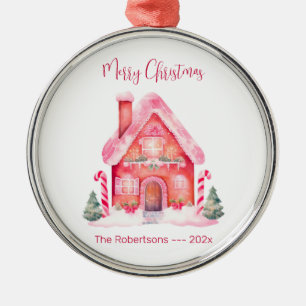 Pink Gingerbread House Christmas Metal Tree Decoration