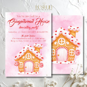 Pink Gingerbread House Christmas Party Decorating Invitation
