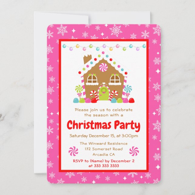 Pink Gingerbread House Christmas Party Invitation (Front)