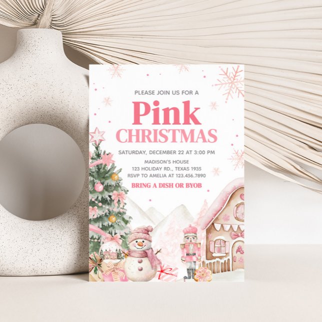 Pink Gingerbread House Christmas Party Invitation (Pink Gingerbread House Holiday Christmas Party Invitation)