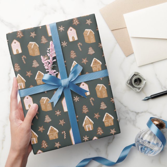Pink Gingerbread House Christmas Pattern Wrapping Paper (Gifting)