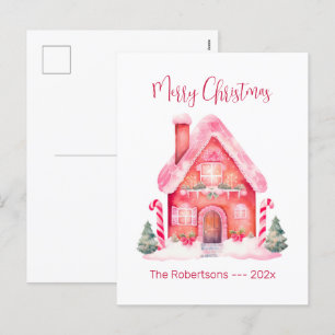 Pink Gingerbread House Christmas Postcard