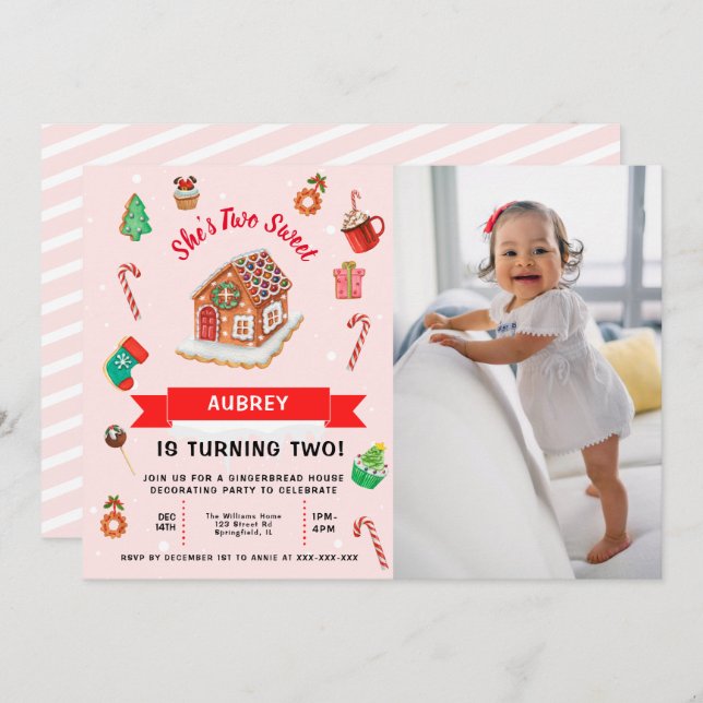 Pink Gingerbread House Christmas Second Birthday I Invitation (Front/Back)