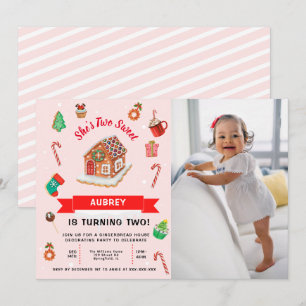 Pink Gingerbread House Christmas Second Birthday I Invitation