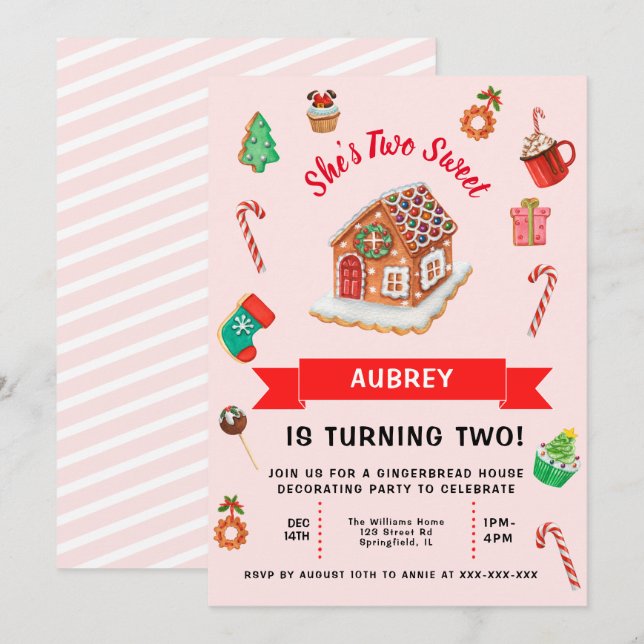 Pink Gingerbread House Christmas Second Birthday Invitation (Front/Back)
