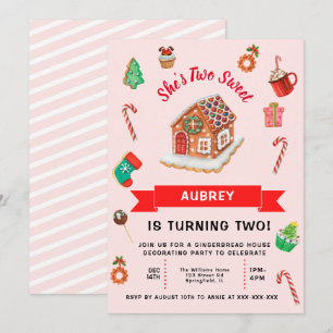 Pink Gingerbread House Christmas Second Birthday Invitation