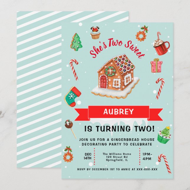 Pink Gingerbread House Christmas Second Birthday  Invitation (Front/Back)