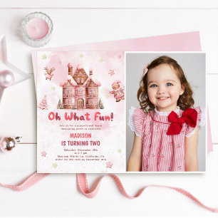 Pink Gingerbread House Christmas Second Birthday Invitation