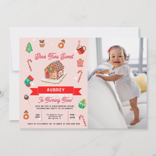 Pink Gingerbread House Christmas Second Birthday   Invitation (Front)
