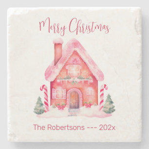 Pink Gingerbread House Christmas Stone Coaster
