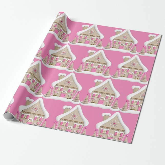 Pink Gingerbread House Christmas  Wrapping Paper (Unrolled)