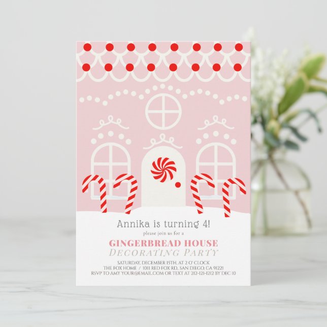 Pink Gingerbread House Decorating Birthday Party I Invitation (Standing Front)