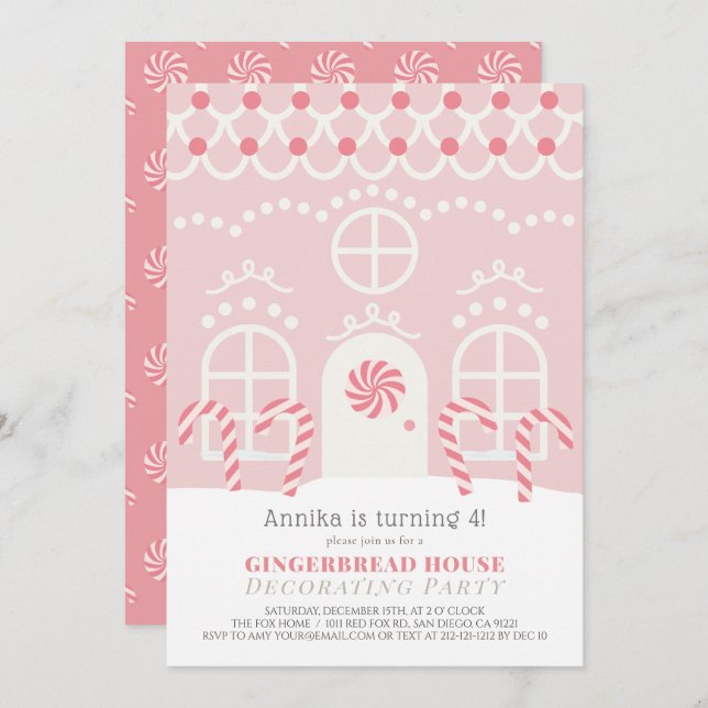 Pink Gingerbread House Decorating Birthday Party Invitation (Front/Back)