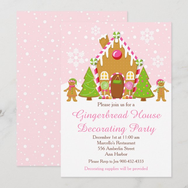 Pink Gingerbread House Decorating Christmas Party Invitation (Front/Back)