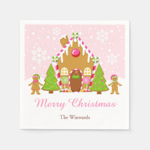 Pink Gingerbread House Decorating Christmas Party Napkin
