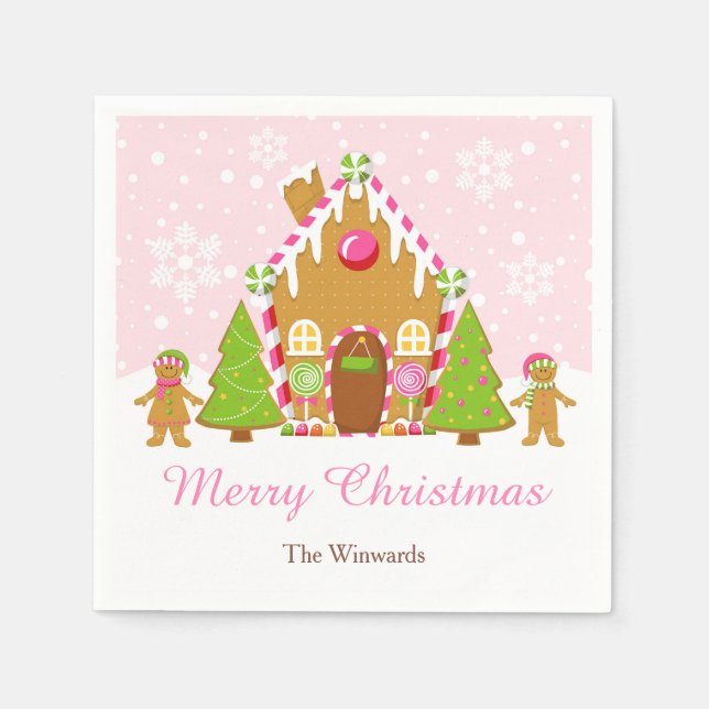 Pink Gingerbread House Decorating Christmas Party Napkin (Front)