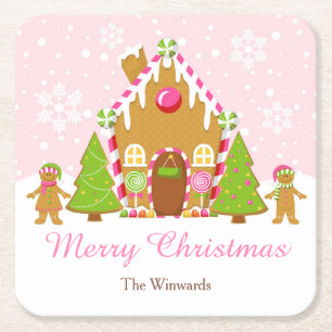 Pink Gingerbread House Decorating Christmas Party Square Paper Coaster