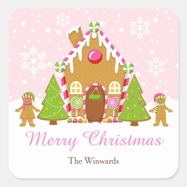 Pink Gingerbread House Decorating Christmas Party Square Sticker (Front)