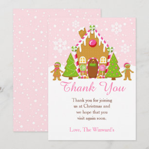 Pink Gingerbread House Decorating Christmas Party Thank You Card