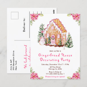 Pink Gingerbread House Decorating Party Postcard