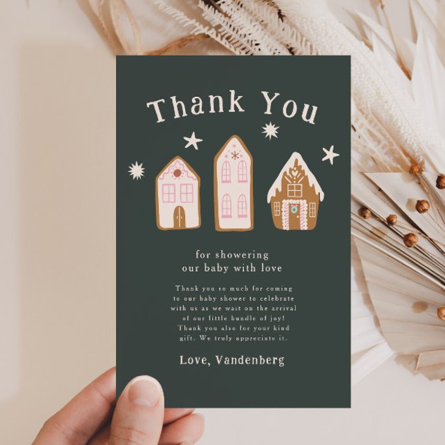 Pink Gingerbread House Holiday Baby Shower Thank You Card (Creator Uploaded)