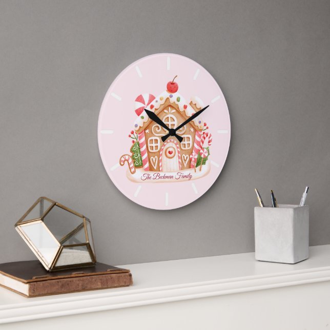 Pink Gingerbread House Holiday Family Name Large Clock (Office)