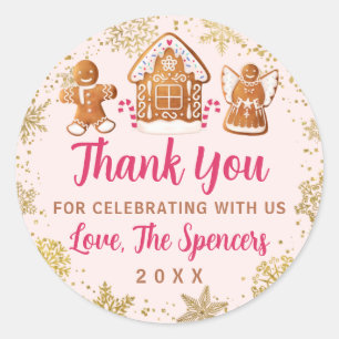 Pink Gingerbread House Holiday Party Thank You Classic Round Sticker
