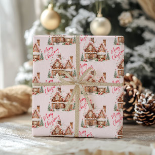 Pink Gingerbread House Merry Christmas Wrapping Paper