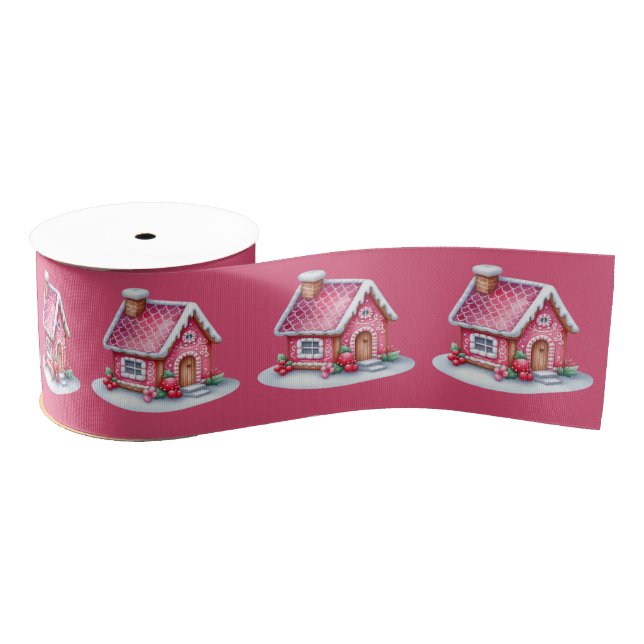 Pink Gingerbread House On Pink  Grosgrain Ribbon (Spool)