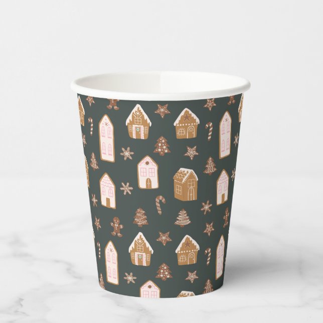 Pink Gingerbread House Pattern Baby Shower Paper Cups (Left)