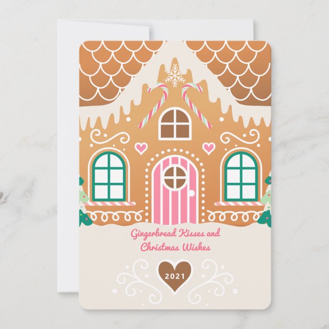 Pink Gingerbread House Photo Christmas Card  (Front)