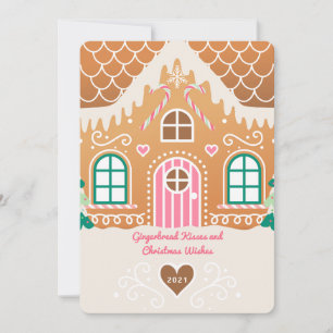 Pink Gingerbread House Photo Christmas Card 