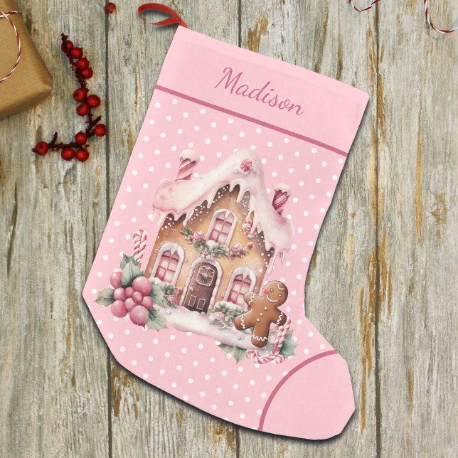 Pink Gingerbread House Polka Dot Custom Small Christmas Stocking (Creator Uploaded)