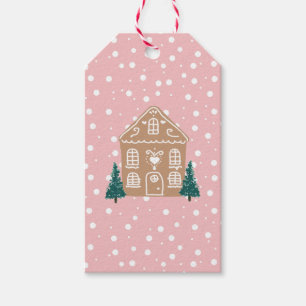 Pink Gingerbread House Village Illustration Gift Tags