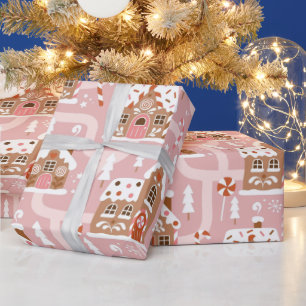 Pink Gingerbread House Winter Village Candy Cane Wrapping Paper