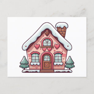 Pink Gingerbread House with Hearts Holiday Postcard