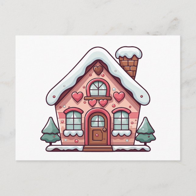 Pink Gingerbread House with Hearts Holiday Postcard (Front)