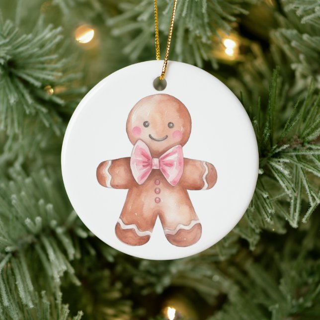 Pink Gingerbread Man Christmas Ceramic Tree Decoration (Tree)