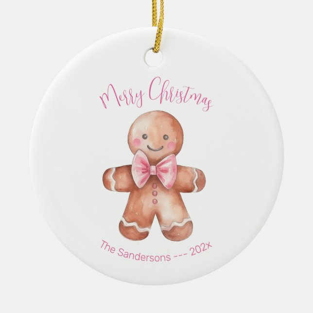 Pink Gingerbread Man Christmas  Ceramic Tree Decoration (Front)