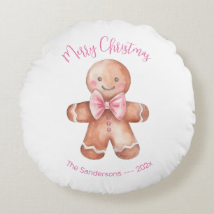 Pink Gingerbread Man Christmas Round Cushion