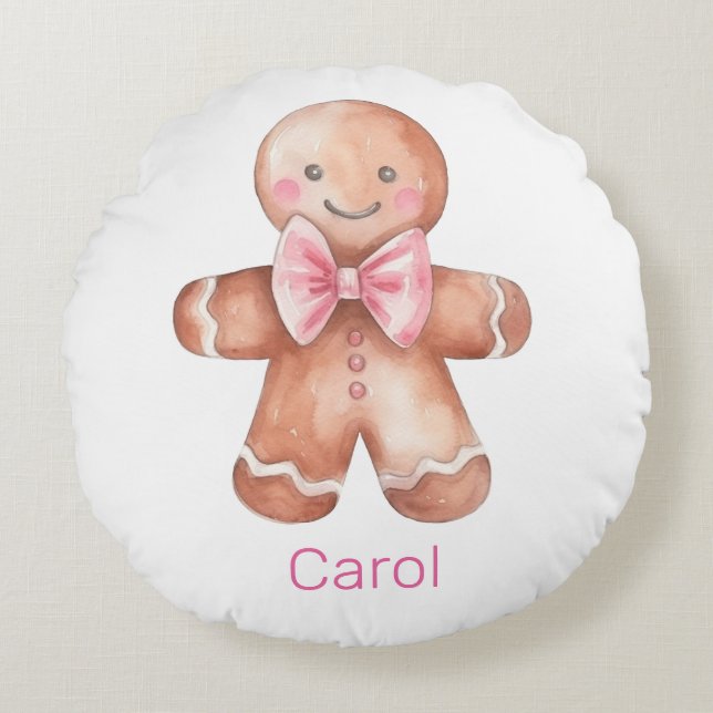 Pink Gingerbread Man Christmas  Round Cushion (Front)