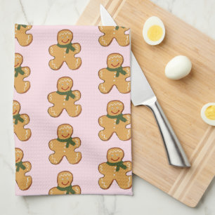 Pink Gingerbread Man Cookie Christmas Pattern Tea Towel