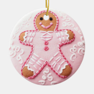 "Pink Gingerbread Man Embroidery" Ceramic Tree Decoration