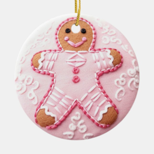 "Pink Gingerbread Man Embroidery" Ceramic Tree Decoration (Front)
