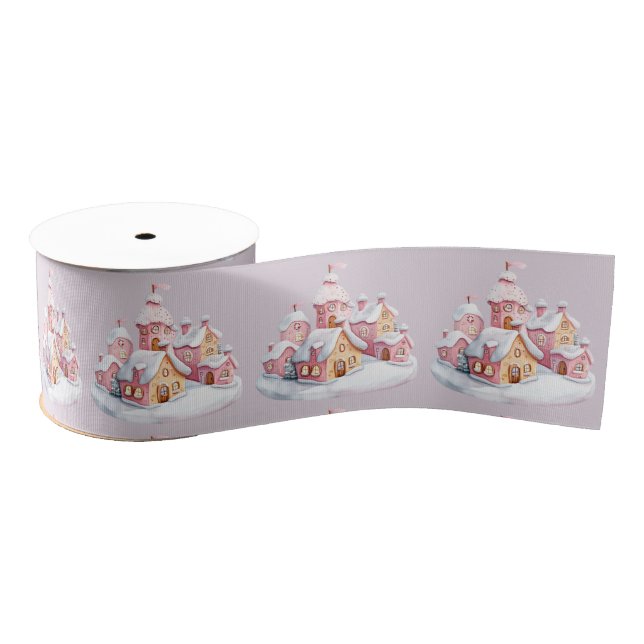 Pink Gingerbread Village On Light Gray Grosgrain Ribbon (Spool)