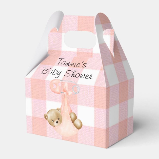 Pink Gingham & a Cute Teddy Bear Girl Baby Shower Favour Box (Front Side)