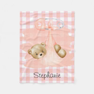 Pink Gingham & a Cute Teddy Bear Girl Baby Shower Fleece Blanket
