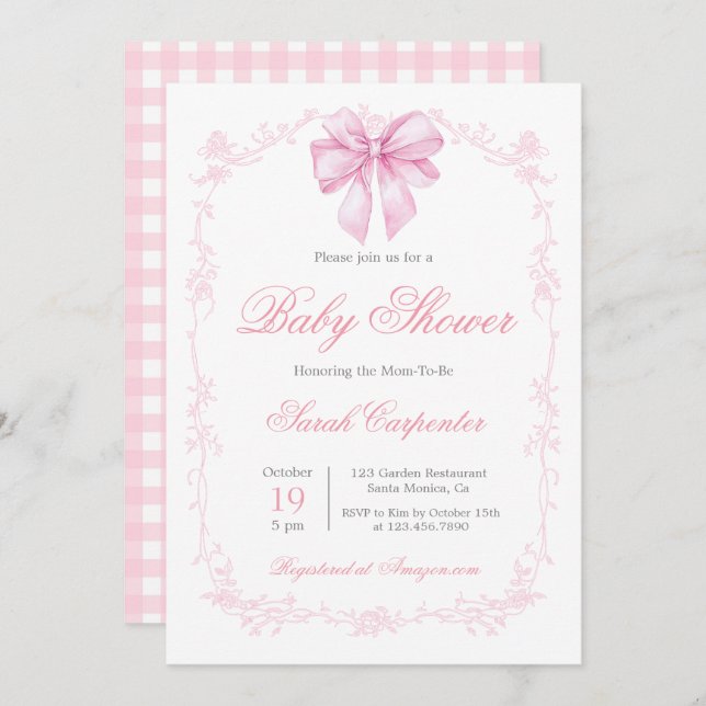 Pink Gingham and Bow Baby Shower Girl Invitation (Front/Back)