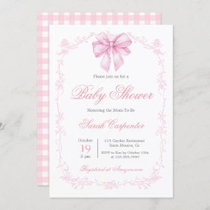 Pink Gingham and Bow Baby Shower Girl Invitation