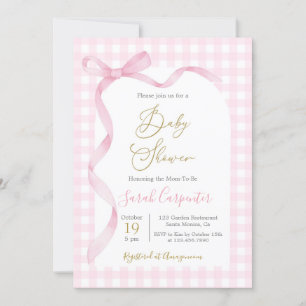 Pink Gingham and Bow Baby Shower Girl Invitation